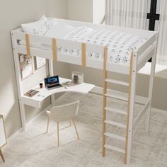 a white bunk bed sitting next to a desk