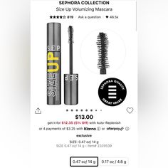 Sephora Collection Size Up Volumizing Mascara Full Size Black Makeup Sephora, Volumizing Mascara, Sephora Collection, Volume Mascara, Sephora Makeup, Womens Makeup, Sephora, Collage, Makeup