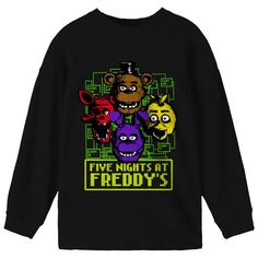 He'll love the cool style of this Boys 8-20 Five Nights at Freddy's Long-Sleeve Tee. He'll love the cool style of this Boys 8-20 Five Nights at Freddy's Long-Sleeve Tee.  Crewneck Long sleevesFABRIC & CARE Cotton Machine wash Imported Size: Large. Color: Black. Gender: male. Age Group: kids. Black T-shirt With Character Print For Winter, Black Character Print T-shirt For Winter, Black Cartoon Print T-shirt For Winter, Black Cartoon Print T-shirt, Black Long Sleeve Pop Culture Top, Trendy Winter T-shirt With Cartoon Print, Black Pop Culture Tops For Winter, Funny Black Top For Winter, Funny Black Winter Tops