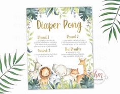 a baby shower sign with jungle animals and leaves