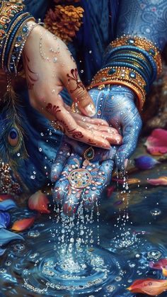 a painting of a woman's hands and body in water with peacocks around her