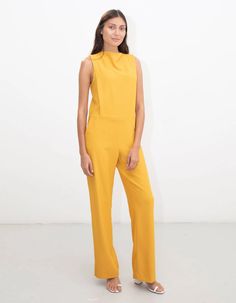 YELLOW TUXEDO SLEEVELESS JUMPSUIT– NOT JUST A LABEL Yellow Tuxedo, Jumpsuit Spring, Tuxedo Jumpsuit, Yellow Jumpsuit, Sleeveless Jumpsuits, Model Pictures, Pocket Detail, Wide Leg Trousers, Slow Fashion