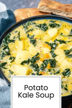 potato kale soup in a black bowl with bread on the side and text overlay that reads potato kale soup