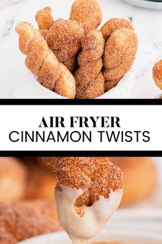 an air fryer cinnamon twist is being held up by a spoon