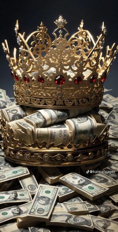 a crown sitting on top of stacks of money