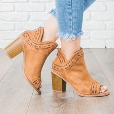 These Ankle Booties Feature A Trendy 3" Chunky Stacked Heel And A Cute Peep Toe Design, Perfect For The Transition Into Spring! The Back Ankle Zipper Makes It Easy To Put These Shoes On And Take Them Off, And The Gorgeous Laser-Cut Details Give These Shoes Some Extra Style And Sass. Paired With A Casual Dress Or New Frayed Bottom Skinny Jeans, These Beauties Would Complete Your Ultimately Stylish Look! Tan Nubuck Fit: True To Size Shipped With Shoebox Casual High Heel Block Heels For Fall, Fall Closed Toe Block Heels, Casual Block Heels With Round Toe For Fall, Spring Heeled Boots With Block Heel, Open Toe Block Heels For Fall, Fall Open Toe Block Heels, Fall Season Open Toe Block Heels, Fall Open Toe Block Heels With Stacked Heel, Trendy Open Toe Heels For Fall