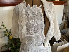 Antique Vintage Sheer White Lawn Batiste & Lace Dress // - Etsy Fitted Smock Wedding Dress, Fitted Victorian Prairie Dress With Ruffles, Cottagecore Victorian Dress With Ruffles For Daywear, Daywear Prairie Dress With Ruffled Fitted Bodice, Elegant Fitted Prairie Dress With Buttons, Cottagecore Victorian Dress For Daywear, Victorian Daywear Dresses With Buttons, Fitted Victorian Cotton Dresses, Fitted Victorian Vintage Dress In Vintage White