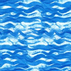 an abstract blue and white watercolor painting with wavy lines on the bottom half of it