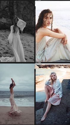 black and white photos of women in dresses on the beach, with text overlaying them