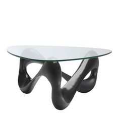 a glass and metal coffee table with curves