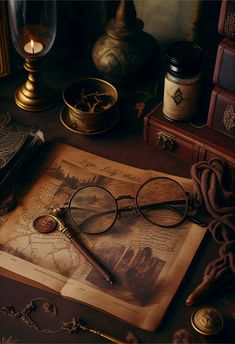 an old book, magnifying glass and other items on a table