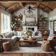 a living room filled with lots of furniture next to a fire place in a house