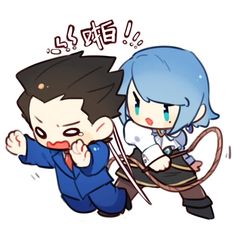 two anime characters one with blue hair and the other has black hair, both holding scissors