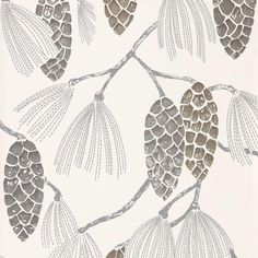 an image of a wallpaper with pine cones and leaves on the tree branch in grey