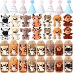 many different stuffed animals are on display in cardboard boxes with party hats and pom - poms