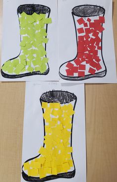 three pieces of paper that have been cut out to look like boots with colored squares on them