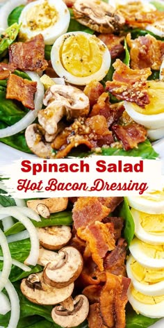 spinach salad with hard boiled eggs, bacon and mushrooms on it in a white bowl