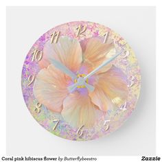 a pink and yellow flower on a white background round wallclock with numeral numbers