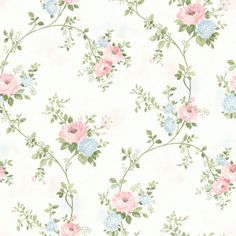 a floral wallpaper with pink, blue and white flowers on a light green background