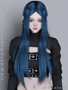 a woman with long blue hair and black outfit posing for the camera in front of a gray background