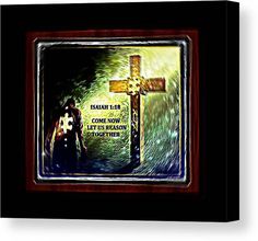 the cross and jesus's name on a wooden frame with an artistic background canvas print