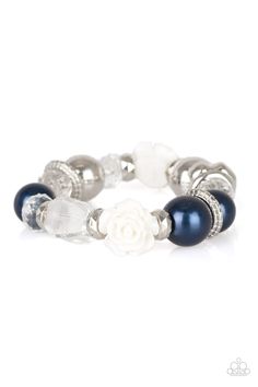 A collection of silver, pearly blue, and white crystal-like beads are threaded along a stretchy band around the wrist. A shiny white resin rose joins the refined palette for a glamorous finish. Sold as one individual bracelet. P9RE-BLXX-104XX I Am Blue, Resin Rose, Homemade Bracelets, White Bracelets, Paparazzi Accessories, Blue Pearl, White Crystal, Blue Bracelet, Stretch Bracelets