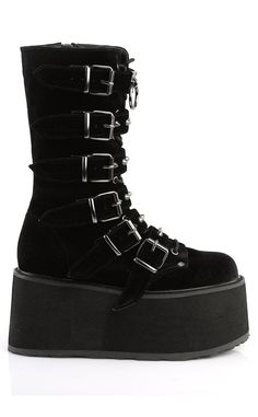 Dayum! These flatform boots are perfect for those who want some height with their stompy af boots without having to totter around on a heel. Vegan Black Velvet Straps EVERYWHERE O ring decal 3 1/2 inch platform Side zipper U.S womens sizing - refer to size chart for more info Flatform Boots, Black Velvet Boots, Punk Festival, Demonia Boots, Demonia Shoes, Velvet Boots, Goth Punk, Creepers, O Ring