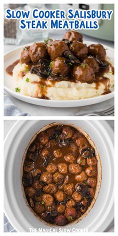 slow cooker salisbury steak meatballs with mashed potatoes