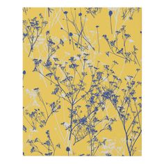 blue and white flowers on yellow background with small dots in the bottom right hand corner