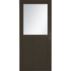 a brown door with a glass window on the top and bottom panel, in front of a white background