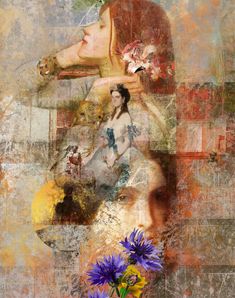 an artistic collage with blue flowers and woman's face