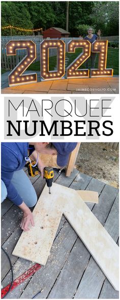 Graduation Marquee Signs, Diy Letter Lights Marquee Sign, How To Build Marquee Letters, How To Make Large Marquee Letters, Diy Giant Numbers With Lights, How To Make Big Numbers Out Of Cardboard, Diy Large Yard Letters, Diy Wood Party Decor, Number Marquee Lights Diy