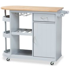 a kitchen cart with a butcher block on the top and bottom shelf in front of it