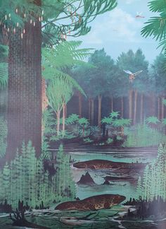 an image of a forest scene with trees and animals in the woods, including two large alligators