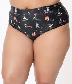 Collectif Plus Size Black & Cocktail Menu Print Swim Bottom – Unique Vintage Retro High-waisted Pool Bottoms, Retro High Waist Bottoms For Pool, Retro Black Summer Bottoms, Fun Fitted Black Swimwear, Retro Black Stretch Swimwear, Retro Black Swimwear For Beach Season, High Waist Black Printed Bottoms, High-waisted Printed Black Bottoms, Pin Up Poses