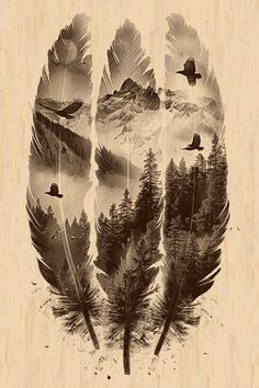 an image of three feathers in the shape of a tree with mountains and birds flying over them