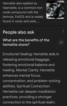 the text on the screen reads people also ask what are the benefits of the hematite store?