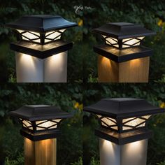 four different angles of the top of a light fixture in front of some bushes and trees