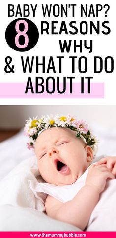 a baby with a flower crown on her head and the words, what do babies say?