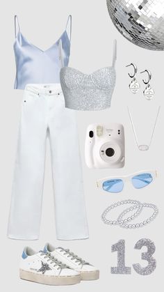 a woman's outfit and accessories are arranged in the shape of a disco ball