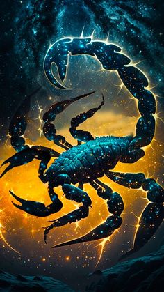 a blue and yellow crab with stars in the background