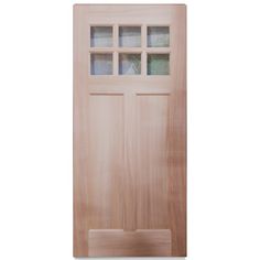 a wooden door with glass panels on the top and bottom panel, in front of a white background