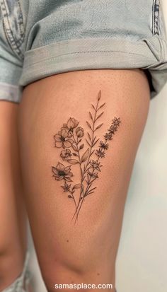 60+ Thigh Tattoos For Women For 2024 Sticker Sleeve Tattoo Thigh, Delicate Thigh Tattoo, Flower Hip Tattoo Thigh Piece, Thigh Tattoo Flowers, Medium Sized Tattoos For Women, Fine Line Thigh Tattoo, Womens Thigh Tattoo, Flower Tattoos Thigh