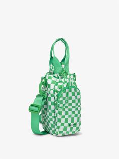 CALPAK Water Bottle Holder in green checkerboard; AWH2101-GREEN-CHECKERBOARD Car Detailer, Water Bottle Sling, Bottle Sling, Water Bottle Carrier, Water Bottle Bag, Hanging Toiletry Bag, Laptop Tote Bag, Baggage Claim, Visually Pleasing