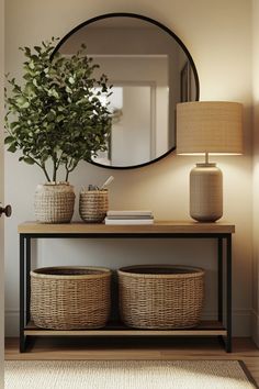 This pin features stylish small entryway styling ideas perfect for maximizing space, including tips for decor and organization. The image showcases various decor elements that can enhance entrance setups. Entryway Styling, Thrift Decor, Slim Console Table, Creative Ideas To Make, Statement Rug, Colorful Baskets, Small Entryways, Entryway Lighting, Cozy Rugs