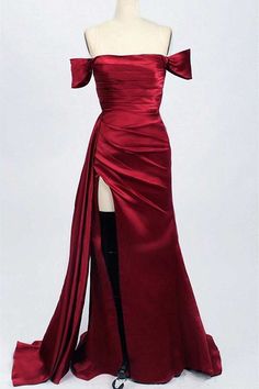 Red Satin Off-the-Shoulder Mermaid Long Prom Dress with Slit Red Prom Dress Off The Shoulder, Silk Red Dress Long, Dark Red Prom Dresses Long, Corset Red Dress, Red Dress Off The Shoulder, Dark Red Prom Dress, Wine Red Prom Dress, Red Off The Shoulder Dress, Off The Shoulder Prom Dress