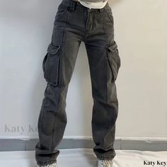 Katykey - Womens Denim Cargo Pants with Flap Pockets in Grey, Loose Fit Non-Stretch Y2K & Kpop Style Straight Jeans - Premium Quality Denim Apparel Collection Casual Gray Cargo Jeans With Multiple Pockets, Trendy Gray Wide Leg Cargo Jeans, Casual Gray Cargo Jeans With Pockets, Grunge Mid-rise Jeans With Pockets, Gray Cotton Grunge Pants, Gray Grunge Cotton Pants, Baggy Gray Grunge Jeans, Gray Baggy Grunge Jeans, Casual Gray Jeans With Multiple Pockets