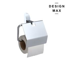 a roll of toilet paper sitting on top of a metal holder with the word design max above it