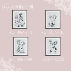 four framed pictures with dogs on them in black and white, against a pink background