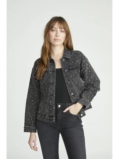 This Jean Jacket Black X After Party is a stylish and unique statement piece perfect for any outfit. Featuring sequin embellishments throughout, a stretchy oversized fit, and side pockets, it's ideal for holiday parties and beyond. Make this your go-to for effortless style. Trendy Embellished Outerwear For Party, Casual Winter Outerwear With Sequins, Casual Fall Outerwear With Sequins, Casual Spring Outerwear With Sequins, Trendy Spring Outerwear With Contrast Sequin, Casual Sequined Outerwear For Spring, Oversized Outerwear For Night Out, Casual Sequined Outerwear For Winter, Casual Sequined Outerwear For Fall